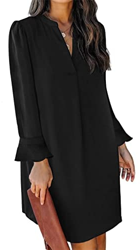 ANFTFH Damen Tunika Kleid Langarm Kleider Elegant Blusekleid Freizeitkleid Locker Kleider mit Halbärmeln Schwarz M