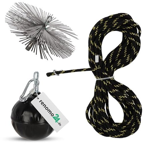 Renomo24 Schornsteinbesen Federstahl | Zuggewicht 1,9kg | Besengröße 150mm | Zugseil Länge 8m | Reinigungsset für effiziente Schornsteinpflege