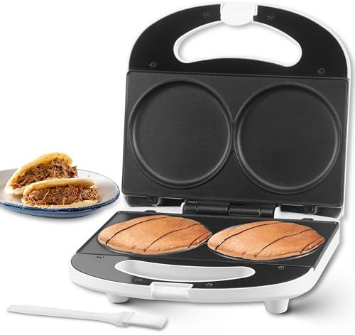 SugarWhisk - Máquina para hacer panqueques doble, Arepa Maker, plancha eléctrica para panqueques, galletas, huevos, Arepas y sándwiches de desayuno, blanco, 4 pulgadas