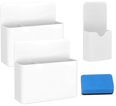 Toionmm 3 Stück Stifthalter Magnetisch, Magnetischer Stiftehalter mit Whiteboard Schwamm, Magnetisch Markerhalterun Magnet Stifthalterung für Schule, Büro, Zuhause, Whiteboard, Kühlschrank (Weiß)