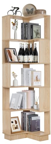 Nisorpa 5 Tier Corner Bookcase Floor Standing, Wooden Corner Bookshelf Unit, Tall Corner Shelf Unit Display Cabinet for Living Room Bedroom Office