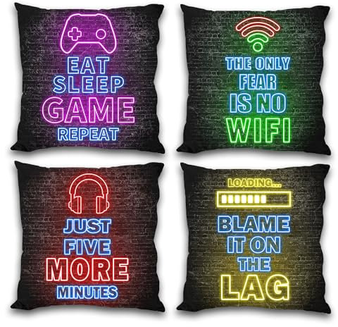 Undergo Gamer Geschenke für Teenager Jungen, Neon Gaming Kissen, Gaming Zimmer Kissenbezug Dekoration Set von 4, Gaming Geschenke für Männer Freunde, 45,7 × 45,7 cm