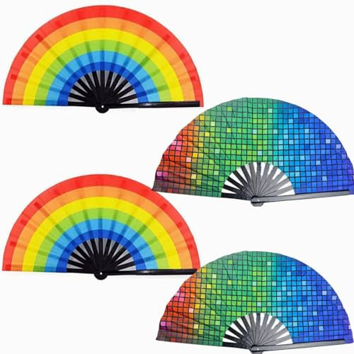 ENLAYER 12 Pcs Rainbow Folding Fan Colorful Hand Held Fan, Decoration Gay Pride LGBT Fans for Parties Festival Events Dance Supplies (4PCS-A)