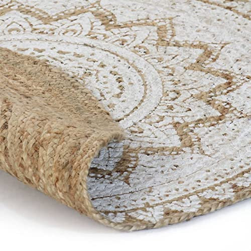 Gecheer Teppich Jute Geflochten Bedruckt 210 cm Rund Küchenteppich Wohnzimmerteppich Teppichboden Bodenmatte Flurteppich für Küche, Bad, Schlafzimmer,Durchmesser: 210 cm Mit einem schönen Mandala