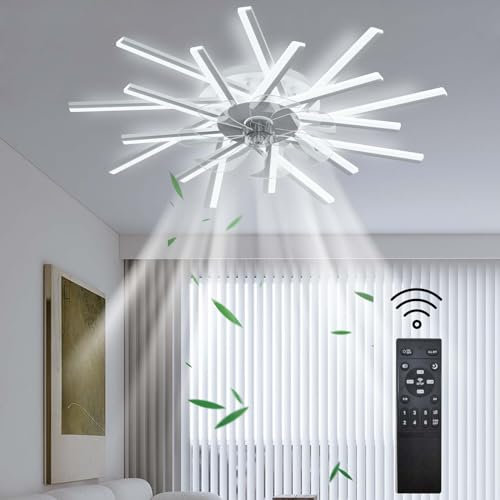 Smart Ceiling Fan With Light - Reversible DC Motor, Modern Dimmable LED, Large for Bedroom Living Room - Remote Control - White||92cm