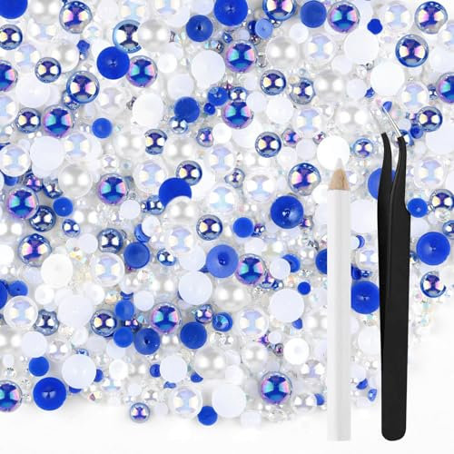 ASTARON 50 g Mix-Strasssteine mit flacher Rückseite, Halbperlen zum Basteln, gemischte Größe 3–10 mm, Strasssteine mit flacher Rückseite für Becher, Tassen, Nagelkunst, Schuhe (blau-weiße Serie)