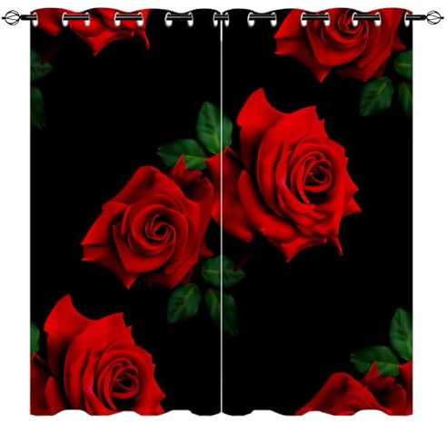 YUANZU Rote Rose Vorhänge Romantisch Blühend Grün Blätter Ösen Gardinen mit Blickdichte Vorhang Kälteschutz Blackout Curtain Wohnzimmer Schlafzimmer Verdunkelung Fenster, 2 Stück, H 175 x B 140 cm