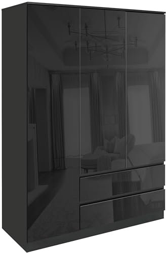 High Gloss 3 Door 2 Drawer Wardrobe for Bedroom with Shelf Hanging Rail Cloth Storage Wooden Wardrobe with Drawer Large Cupboard Bedroom Furniture, Grey