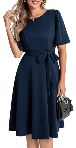 Bbonlinedress Abendkleider elegant für Hochzeit Winterkleid Damen elegant Kurzarm festliches Kleid midilang Party Cocktailkleid mit Gürtel Navy 2XL