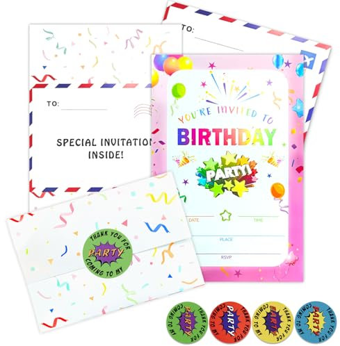 20Pcs Birthday Party Invitations for Kids,Childrens Birthday Invitations Cards,Girls Party Invites Cards with Folding Envelope Design and Thank You Stickers