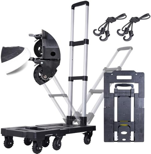 Carrello a mano pieghevole resistente da 272,2 kg, leggero, con 7 ruote, freni, blocco maniglia e 2 corde elastiche per bagagli, traslochi, shopping