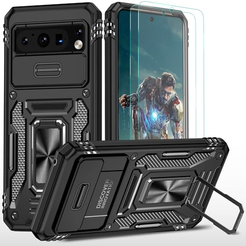 YmhxcY For G-Google Pixel 8 Pro Case, With [Screen Protector Film*2] 360° Rotate Metal Stand,Slide Camera Cover,Sturdy Case[Military Grade] For Google Pixel 8 Pro-Black