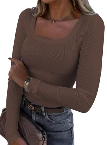 Damen Langarmshirt U-Ausschnitt Slim Fit Rippstrick Oberteil - Langarm Basic Tee Shirt Y2K T-Shirt Crop Tops Kaffee XS