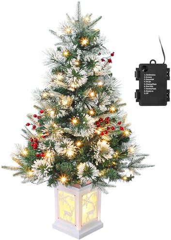 Weihnachtsbaum Künstlich 90cm mit 78 Beleuchtung, Snow Flocked Künstlicher Weihnachtsbaum Batteriebetrieben Pre-lit Premium mit roten Beeren Weihnachten deko für Zuhause, Büro, Weiße Basis