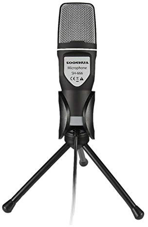 Yolispa Microfono per PC con supporto, microfono a condensatore professionale, microfono per computer, studio audio, registrazione mic w mount 3,5 mm plug and play per giochi registrazione di podcast