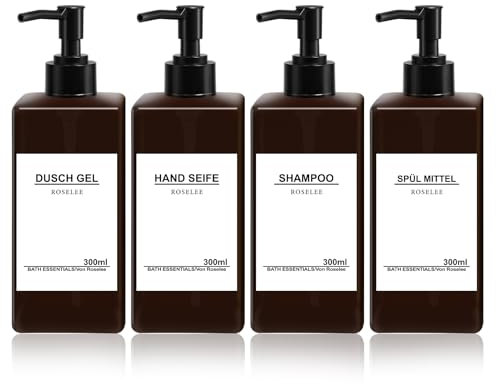 4er Seifenspender Set Braun, 300ml Seifenspender Dusche, Kunststoff Nachfüllbare Pumpspender mit Trichter und Wasserdichten Etiketten Vintage Shampoo Flaschen zum Befüllen für Küche Badezimmer Bad
