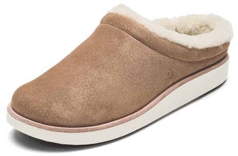 OLUKAI Mani Women's Leather Mule Slippers, Soft & Comfortable Slippers with Fleece Lining, Thick Rubber Outsole, All-Day Wear, Tan/Golden Sand, 8