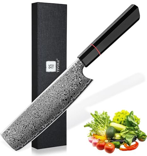 TIVOLI Damaszener Nakiri Messer - 7 Zoll Professionelles Handgeschmiedetes Kochmesser mit Ergonomischem Griff zum Schneiden und Hacken von Gemüse und Obst,Kommt mit Einer Schonen Geschenkbox