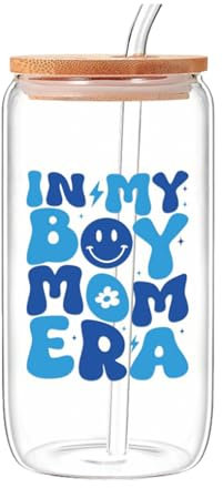 Cumnvulnt Boy Mom Era Iced Coffee Cup, 16oz Personalised Glass Cups with Lids and Straws, New Mom Gifts Boy Mama Gifts for Birthday, Christmas, Valentines Day