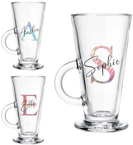 Personalised Latte Glass Initial and Name Custom Birthday Christmas Gifts for Her Him Girl Boy Women Men Bestie 18th 21st 30th 40th 50th 60th 70th 80th Party Present Secret Santa Idea Hot Chocolate