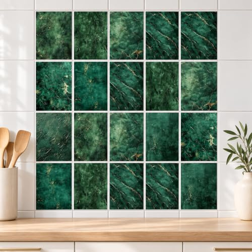 GRAZDesign Fliesenaufkleber für Bad & Küche - Selbstklebend, Wasserdicht, Grün Marmor Design, Einfach Anzubringen - 20x25cm / 30 Stück