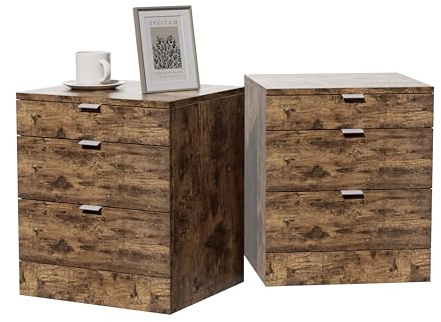 Garvishk Garvis Nachttisch 2er Set, schmal, Beistelltisch mit 3 Schubladen Nachtschrank Schlichter Beistelltisch für Schlafzimmer, Wohnzimmer (Rustikalbraun)