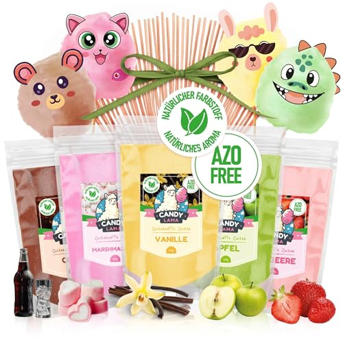 CANDY LAMA Zuckerwatte Zucker Set 5x160g Partyset: Erdbeere, Cola, Vanille, Apfel, Marshmallow - inkl. 20 Stäbe & 8 essbare Deko - 100% natürlich & AZO-frei für Zuckerwattemaschine