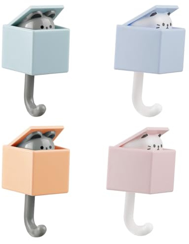 Hopzab 4 Pcs Self-Adhesive Wall Hooks–Cute Cat Coat Hooks,No Drilling Key Holder Decorative Hangers for Clothes,Bags,Towels,Scarves,Bathroom,Bedroom,Kitchen