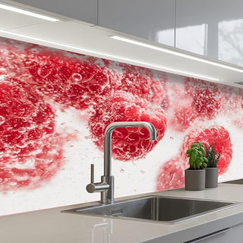 KitchenYeah© Splashback for kitchen 24x59 / 60x150 cm self-adhesive Wall Protector Splash Back Cooker Backsplash Fruit - Water - Bubbles - Red