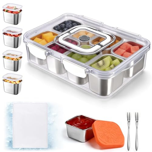 Qtencas Snackle Box Container with 8 Portable Removable Compartments, Ice Pack, Sauce Cup & Fork, Stainless Steel Divided Serving Tray with Lid and Handle for Road Trips Beach Camping