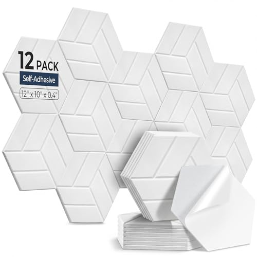 AUSLET 12 Pack Hexagon Acoustic Panels Self-Adhesive, 30x26x0.9cm High Density Sound Absorbing Panels for Walls, Soundproofing Foam Panels for Studio, Home Office, Gaming Room, Recording Room（White）