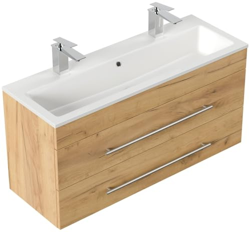 Magnolia Home Badmöbel Mars 1000 für 2 Hähne 100x36cm mit 2 SoftClose Schubladen Eiche Gold