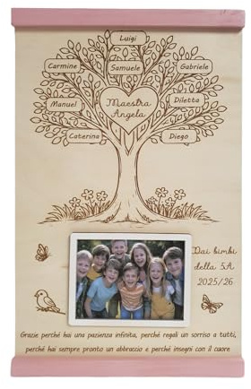 Targa in Legno Personalizzabile con Foto per Maestra e Maestro, Idea Regalo Fine Anno con Dedica degli Alunni, Albero della vita