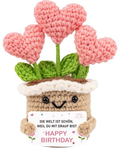 WITCOLOR Geschenke zum Geburtstag für Frauen & Männer – Handgemachte Gehäkelte Herz-Blume mit Motivationskarte – Lustige Geschenkidee für Mama, Beste Freundin, Schwester, Kollegen – Handmade Deko