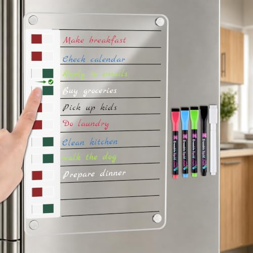 Magnetic Acrylic Writing Board for Fridge 12X8 Clear Dry Erase Memo Board | Transparent Blank Planning Board for Refrigerator with 4 Erasable Markers Sliding Buttons, Reusable To Do List Meal Planner