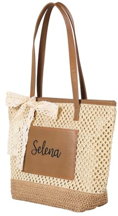 Grovjewfit Sac de Plage Personnalisé Femme Sac Cabas Paille avec Prénom Grand Sac Tote d’Été Porté Épaule pour Plage Voyage Shopping
