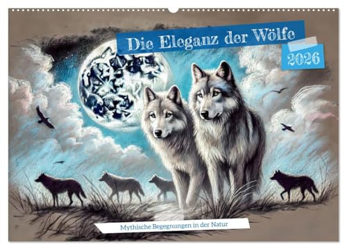 Die Eleganz der Wölfe - Mythische Begegnungen in der Natur (Wandkalender 2026 DIN A2 quer), CALVENDO Monatskalender: Kraftvolle KI-Kohlezeichnungen ... in unvergesslichen Momenten (CALVENDO Tiere)