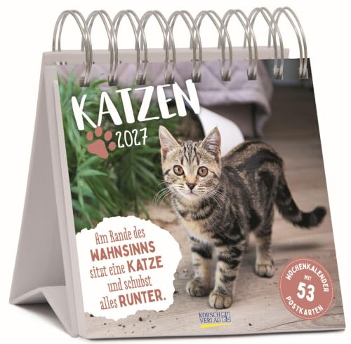 Katzen 2027: Aufstellbarer Typo-Art Postkartenkalender. Jede Woche ein neuer Spruch und ein neues Bild. Hochwertiger Wochenkalender für den Schreibtisch