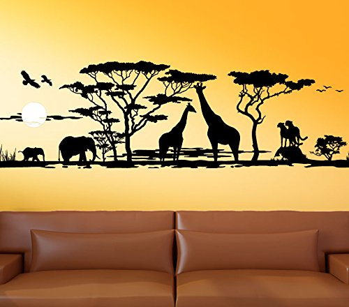 Wandora G012 Afrika Savanne Giraffe Elefant Steppe Wandaufkleber Wandsticker schwarz (BxH) 150 x 46 cm