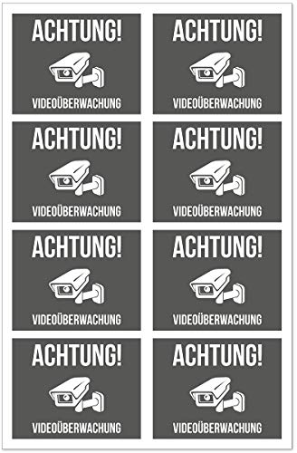 WANDKINGS Aufkleber Achtung! Videoüberwachung - Kamera - 8 Stück je 9 x 7 cm - Wähle eine Farbe - Grau