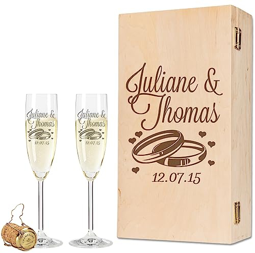 Leonardo Sektgläser mit Gravur von Namen & Datum im - Wedding Design - als Geschenk zur Hochzeit, Verlobung oder zum Jahrestag - inkl. gravierter Vintage-Holzkiste - das perfekte Hochzeitsgeschenk