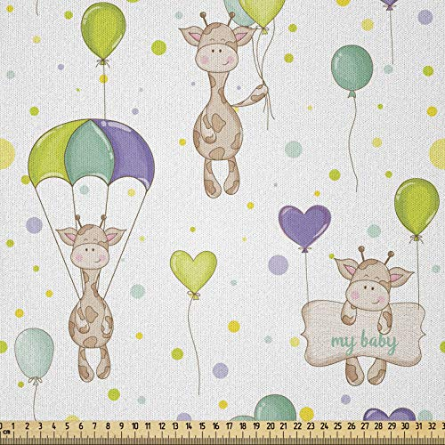 ABAKUHAUS Baby Stoff als Meterware, Infant Giraffen Fliegen, Microfaser Stoff für Dekoratives Basteln, 1M (230x100cm), Weiß Grün Lila