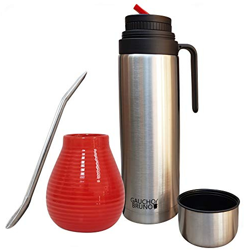 Kit Yerba Mate - Taza, Bombilla y Termo - Vaso de Cerámica, Pajita Acero Inoxidable con Filtro y Termo Anti Salpicaderos de 1 L de Capacidad - Conjunto Reutilizable para Mate Argentino - Rojo