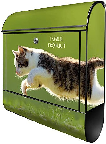 banjado® Design Briefkasten personalisiert Jagende Katze 38,5x46,5x13cm & 2 Schlüssel - Briefkasten Stahl schwarz Zeitungsfach pulverbeschichtet - Postkasten A4 Einwurf inkl. Montagematerial