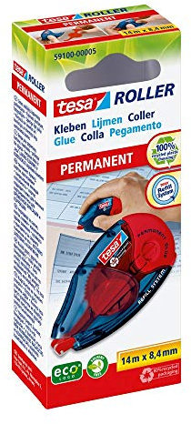 tesa Roller Kleben Permanent ecoLogo - Nachfüllbarer Kleberoller mit reißfestem Band & doppelseitigem Klebefilm - lösungsmittelfrei - 14 m x 8,4 mm (2er Pack Kleberoller)