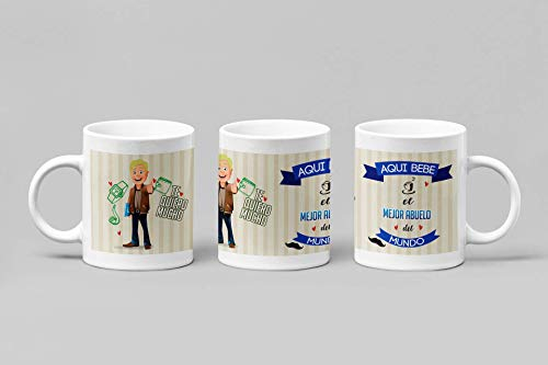 Taza Desayuno Personalizada para Abuelos Regalo día del padre.-Aquí Bebe el Mejor Abuelo del Mundo.- Regalo original para hombres con frase.350 ml. (Abuelo Rubio)