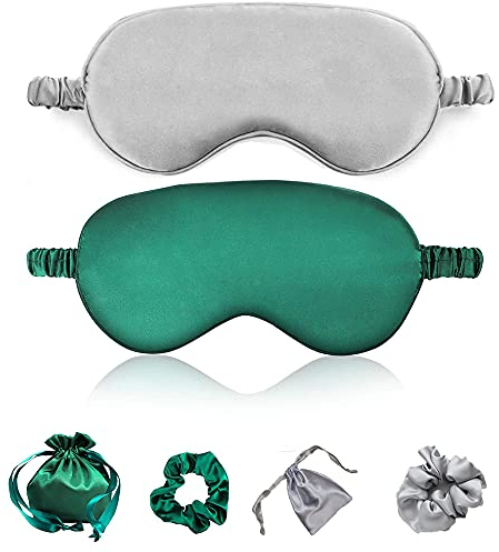 2 Stücke Seide Verstellbare Schlafmaske, Verstellbar Augenmaske, Seide Reise Schlafbrille, Augenmaske für Männer & Frauen Nachtschlaf, Reisen, Nickerchen (Grün+Grau)