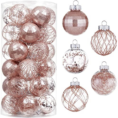 Set di palline di Natale da 30 carati, 60 mm, in plastica trasparente infrangibile, con farcite, delicate e scintillanti, decorazioni per albero di Natale da appendere (oro rosa)