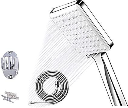 Kit Soffione Doccia + Tubo Flessibile Doccia 1,5M + Staffa Supporto Da Muro, Soffione Doccia Rettangolare Colore Argento