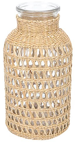 Happyyami Terrarien Hochzeitsdeko Vase mit Rattan Abdeckung Getrocknete Vase Bauernhaus Flasche Aromatherapie Flasche für Blumenarrangements Wohnkultur Licht Gelb Kunstpflanze